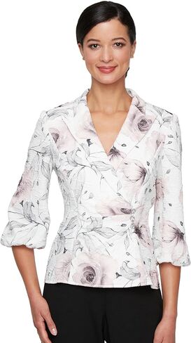 Alex Evenings Women's 3/4 Sleeve Printed Stretch Jacquard Collared Blouse with Side Close in Saudi Arabia