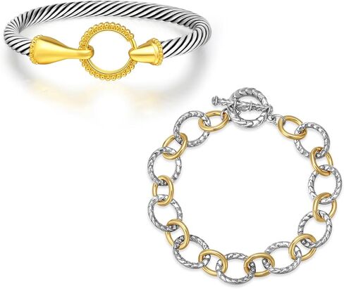 2Pcs Twisted Cable Bangle and Chain Set, Trendy Gold and Silver Bracelets Two Tone Link Mixed Metal Jewelry for Women in Saudi Arabia
