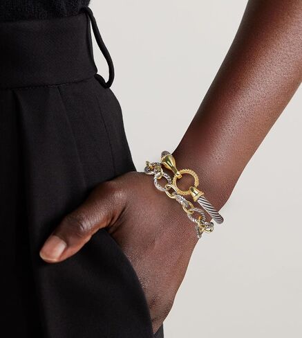 2Pcs Twisted Cable Bangle and Chain Set, Trendy Gold and Silver Bracelets Two Tone Link Mixed Metal Jewelry for Women in Saudi Arabia