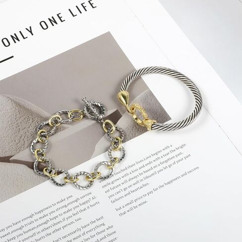 2Pcs Twisted Cable Bangle and Chain Set, Trendy Gold and Silver Bracelets Two Tone Link Mixed Metal Jewelry for Women in Saudi Arabia