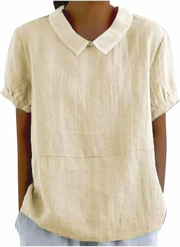 Tops for Women Trendy Collared Short Sleeve Shirts Casual Loose Fitted Linen Blouses Fashion Soft Summer Tops in Kuwait