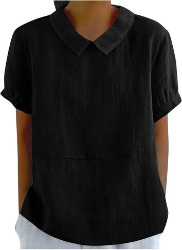 Tops for Women Trendy Collared Short Sleeve Shirts Casual Loose Fitted Linen Blouses Fashion Soft Summer Tops in Saudi Arabia