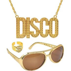 مجموعة إكسسوارات ملابس ديسكو 60s 70s من 3 قطع، قلادة سلسلة ديسكو، نظارات شمسية ذهبية، حلقة علامة الدولار، زي مجوهرات ديسكو 70s للرجال والنساء، فستان الهالوين وحفلات أعياد الميلاد in Kuwait