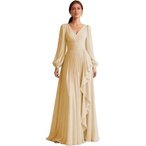 Bridesmaid Dresses with Pockets Chiffon Pleated Long Sleeve V Neck A Line Formal Evening Dress in Kuwait