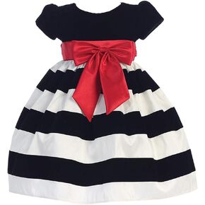 Girls Christmas/Holiday Black Cap-Sleeved Velvet Bodice Dress with Striped Skirt in Kuwait