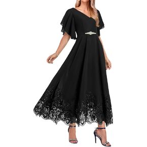 Lace Applique Chiffon Mother of The Bride Dresses for Wedding Women Tea Length Formal Evening Dress with Sleeves in Saudi Arabia