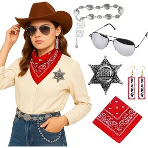 مجموعة إكسسوارات زي رعاة البقر وراعية البقر للنساء والفتيات المراهقات - طقم غربي مكون من 5 قطع مع حزام سلسلة كونكو، ومنديل، وشارة، ونظارات شمسية، وأقراط بانغ للهالوين أو الحفلات in Kuwait