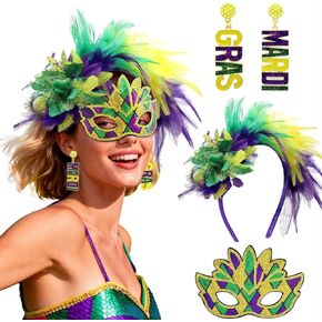 3 Pcs Colorful Mardi Gras Outfit Costume Accessories for Women Beaded Letter Mardi GRAS Dangle Earrings Faux Feather Mardi Gras Headband Sequin Mask for Halloween Carnival Parade Tea Party in Kuwait