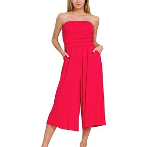 Womens Casual Strapless Jumpsuit Elegant Ruched Wide Leg Palazzo Romper Red Summer Party Evening Outfit in Kuwait