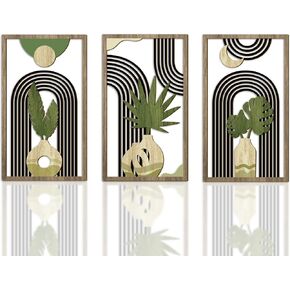 Bnesi 3 Piece Abstract Boho Wall Art Decor Minimalist Modern Wooden Wall Art Mid-Century Modern Wall Art Set of 3 Wall Decor for Living Room Bedroom Bathroom Kitchen (Boho, Medium) in Kuwait
