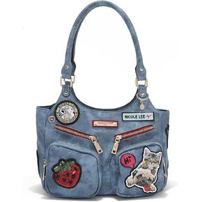 Nicole Lee Multi-Patch Shoulder Bag, Denim-Look Vegan Leather with Sequin Strawberry, Cat and Dog Prints, Medium Handbag (BLUE) in Kuwait
