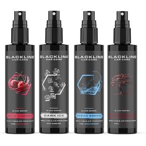 Blackline Car Care - Variety Pack Air Fresheners, Long-Lasting, Oder Eliminator, for Cars, Trucks, SUV, or Home Use - 8 fl OZ - Teakwood, Ocean Breeze, Dark Ice, Wild Cherry Air Fresheners in Kuwait