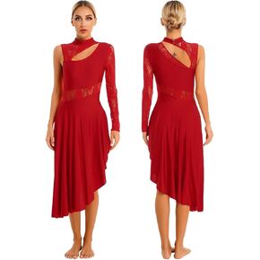 أزياء رقص الباليه الغنائي المعاصرة للنساء من الدانتيل للبالغين، فستان رقص لاتيني للتزلج الفني غير متماثل، فستان رقص الفالس (أحمر، مقاس S) in Kuwait