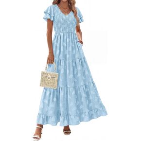 dowerme Maxi Dresses for Women 2026 Summer Ruffle Sleeve V Neck Smocked A Line Floral Boho Tiered Sundress Spring Outfit in Kuwait