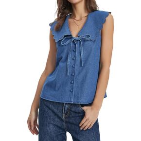 SCOFEEL النساء سترة جينز بلا أكمام ربطة القوس فيونكة الجبهة زر أسفل جان سترة القمم الصيف بيتر بان طوق الدينيم القمم in Kuwait