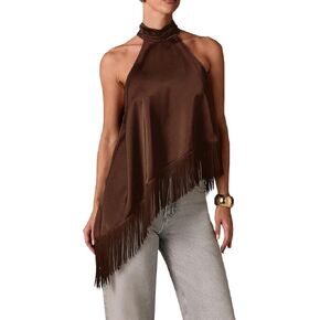 Womens Mock Neck Satin Tank Tops Sleeveless Backless Fringe Halter Top Y2k Silk Asymmetrical Tassel Camisole in Kuwait