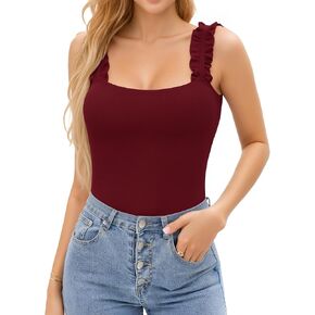 HERLOLLYCHIPS Sexy Tank Tops for Women Square Neck Ruffle Strap Ribbed Knit Tight Stretchy Sleeveless Shirts in Kuwait