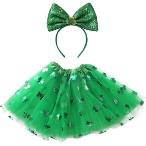 Wildarms Shamrock Green Tutu & Glitter Bow Headband Set - Party Costume, Dance Performance Cosplay Outfit in Kuwait