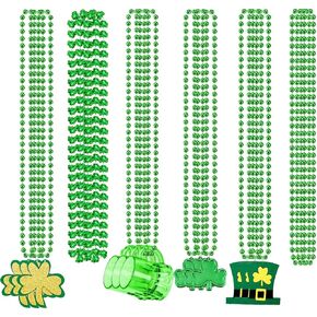 18 Pcs St. Patrick's Day Necklaces Shamrock Green Clover Beaded Pendant Bulk Saint Pattys Party Accessories Mardi Gras Decor Irish Costume Decorations(6 Style) in Kuwait