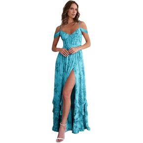 Off Shoulder Floral Bridesmaid Dress Long Ruffle with Slit Spaghetti Straps for Wedding Floral Prom Dress in Saudi Arabia