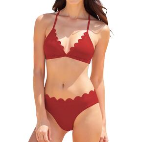 Bikini Sets for Women V Neck Scalloped Edge Bathing Suit Sexy Back Tie Strap Swimsuit for Beach and Pool in Kuwait