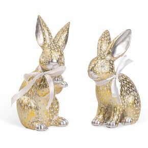 Set of 2 Easter Bunny Figurines, Spring Resin Gold Silver Rabbit Samll Statue Table Decor, Tabletop Centerpieces Tiered Tray Mantel Shelf Office Desk Home Decorations Indoor, Easter Gifts in Kuwait