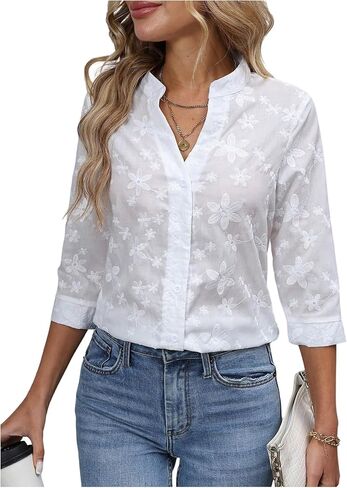 GORGLITTER Women's Sheer 3/4 Sleeve Button Down Shirt Boho Floral Embrodered Tops Summer Vacation Going Out Outfits in Saudi Arabia