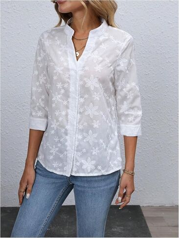 GORGLITTER Women's Sheer 3/4 Sleeve Button Down Shirt Boho Floral Embrodered Tops Summer Vacation Going Out Outfits in Saudi Arabia