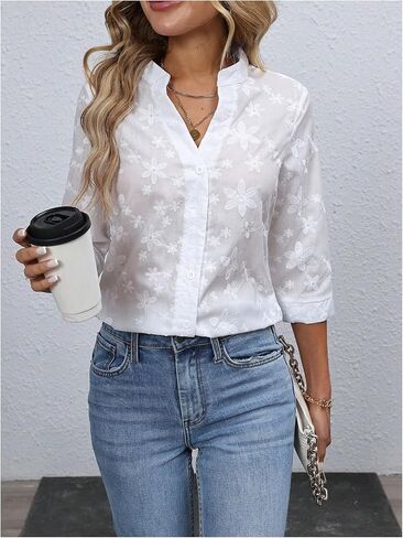 GORGLITTER Women's Sheer 3/4 Sleeve Button Down Shirt Boho Floral Embrodered Tops Summer Vacation Going Out Outfits in Saudi Arabia