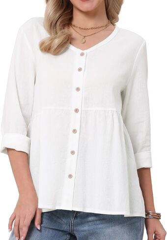 Allegra K Button Down Blouse for Women Long Sleeve V Neck Lightweight Dressy Summer Casual Babydoll Top 2026 in Saudi Arabia
