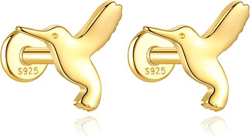 Hummingbird Flat Back Earrings for Women by Ginger Lyne – 14KT Gold Plated Sterling Silver – Body Jewelry Sleepers 16G 1.2mm x 8mm Studs for Cartilage, Helix, or Lobe Piercings -1 pair in Saudi Arabia
