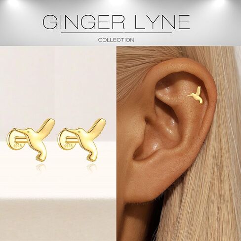 Hummingbird Flat Back Earrings for Women by Ginger Lyne – 14KT Gold Plated Sterling Silver – Body Jewelry Sleepers 16G 1.2mm x 8mm Studs for Cartilage, Helix, or Lobe Piercings -1 pair in Saudi Arabia