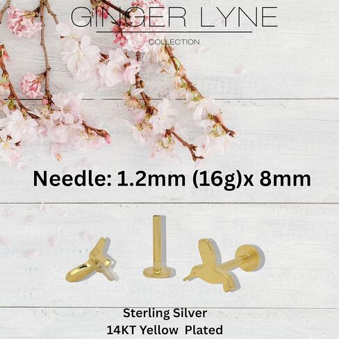 Hummingbird Flat Back Earrings for Women by Ginger Lyne – 14KT Gold Plated Sterling Silver – Body Jewelry Sleepers 16G 1.2mm x 8mm Studs for Cartilage, Helix, or Lobe Piercings -1 pair in Saudi Arabia