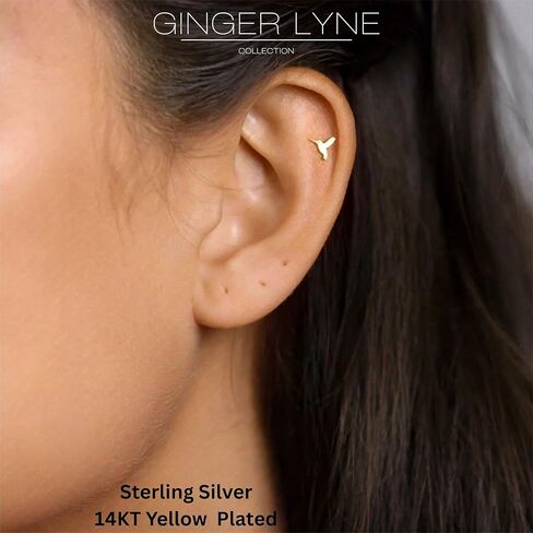Hummingbird Flat Back Earrings for Women by Ginger Lyne – 14KT Gold Plated Sterling Silver – Body Jewelry Sleepers 16G 1.2mm x 8mm Studs for Cartilage, Helix, or Lobe Piercings -1 pair in Saudi Arabia