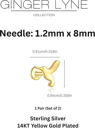Hummingbird Flat Back Earrings for Women by Ginger Lyne – 14KT Gold Plated Sterling Silver – Body Jewelry Sleepers 16G 1.2mm x 8mm Studs for Cartilage, Helix, or Lobe Piercings -1 pair in Saudi Arabia