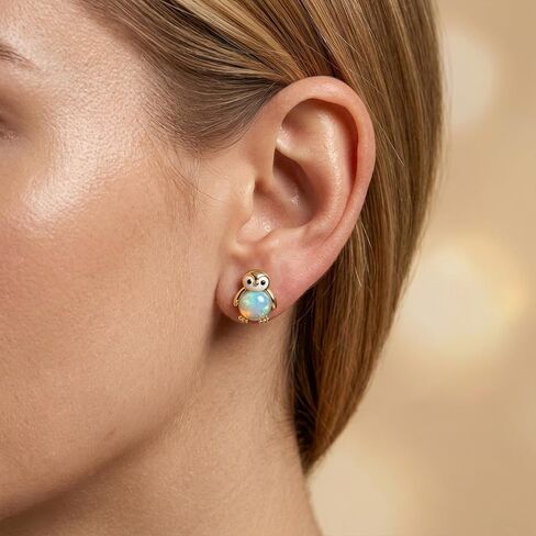 Penguin Opal 925 أقراط من الفضة الإسترلينية، بطريق صغير، أقراط أوبال، أقراط حيوانات، أقراط فضية من الذهب الوردي، هدية لمحبي الحيوانات الطبيعية من العقيق الناري الأبيض in Kuwait