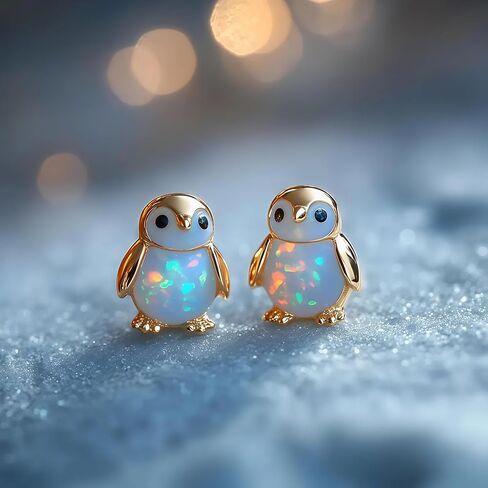 Penguin Opal 925 أقراط من الفضة الإسترلينية، بطريق صغير، أقراط أوبال، أقراط حيوانات، أقراط فضية من الذهب الوردي، هدية لمحبي الحيوانات الطبيعية من العقيق الناري الأبيض in Kuwait