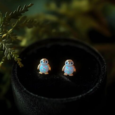 Penguin Opal 925 أقراط من الفضة الإسترلينية، بطريق صغير، أقراط أوبال، أقراط حيوانات، أقراط فضية من الذهب الوردي، هدية لمحبي الحيوانات الطبيعية من العقيق الناري الأبيض in Kuwait