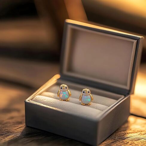 Penguin Opal 925 أقراط من الفضة الإسترلينية، بطريق صغير، أقراط أوبال، أقراط حيوانات، أقراط فضية من الذهب الوردي، هدية لمحبي الحيوانات الطبيعية من العقيق الناري الأبيض in Kuwait