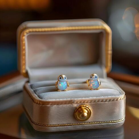 Penguin Opal 925 أقراط من الفضة الإسترلينية، بطريق صغير، أقراط أوبال، أقراط حيوانات، أقراط فضية من الذهب الوردي، هدية لمحبي الحيوانات الطبيعية من العقيق الناري الأبيض in Kuwait