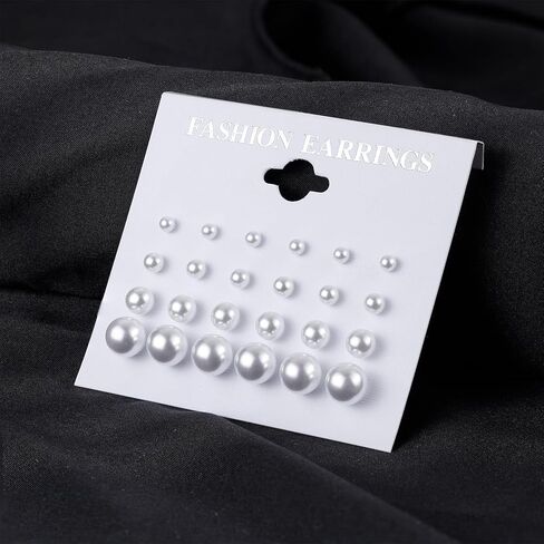 أقراط اللؤلؤ للنساء - 12 قطعة من أقراط اللؤلؤ الأبيض تشيكوسلوفاكيا المضادة للحساسية، مجموعة مجوهرات الزفاف وأعياد الميلاد وعيد الميلاد in Kuwait