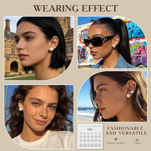 أقراط اللؤلؤ للنساء - 12 قطعة من أقراط اللؤلؤ الأبيض تشيكوسلوفاكيا المضادة للحساسية، مجموعة مجوهرات الزفاف وأعياد الميلاد وعيد الميلاد in Kuwait