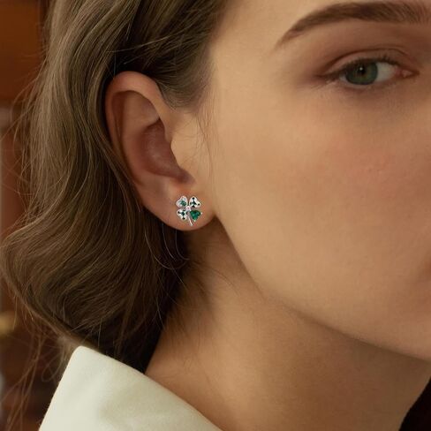 أقراط من الفضة الإسترليني بأربع أوراق البرسيم أقراط على شكل قلب من نبات النفل الأخضر الأيرلندي، هدية مجوهرات لعيد القديس باتريك للنساء in Kuwait