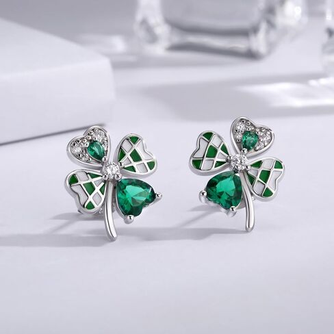 أقراط من الفضة الإسترليني بأربع أوراق البرسيم أقراط على شكل قلب من نبات النفل الأخضر الأيرلندي، هدية مجوهرات لعيد القديس باتريك للنساء in Kuwait