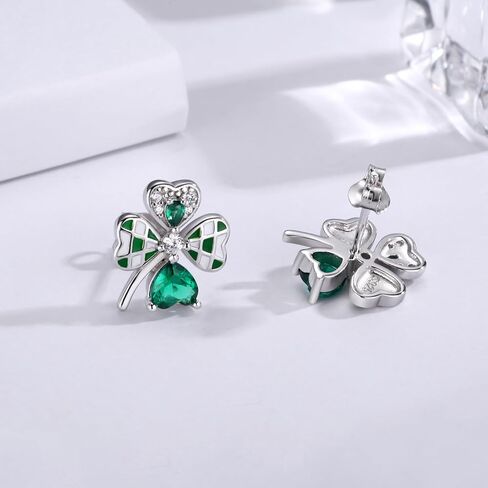 أقراط من الفضة الإسترليني بأربع أوراق البرسيم أقراط على شكل قلب من نبات النفل الأخضر الأيرلندي، هدية مجوهرات لعيد القديس باتريك للنساء in Kuwait