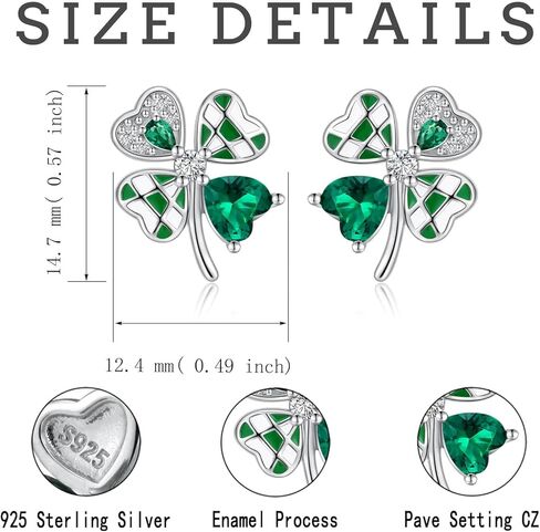 أقراط من الفضة الإسترليني بأربع أوراق البرسيم أقراط على شكل قلب من نبات النفل الأخضر الأيرلندي، هدية مجوهرات لعيد القديس باتريك للنساء in Kuwait