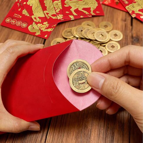36 قطعة من المظاريف الحمراء الصينية مظاريف المال المحظوظ 2024 مظروف سنة التنين الصينية الجديدة كبير و50 قطعة عملات فنغ شوي الصينية حظًا سعيدًا عملات معدنية I-Ching للصحة والثروة in Kuwait