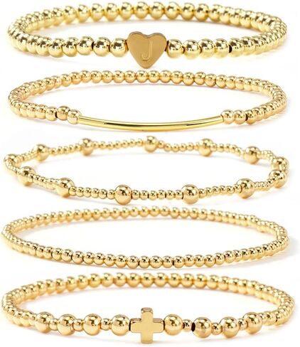 Gold Beaded Cross Initial Bracelet Stack for Women Stackable Boho 14K Gold Cuff Plated Beads Ball Heart Letter Bracelet Charm Dainty Stretch Prom Trendy Jewelry Birthday Friendship Gift in Kuwait