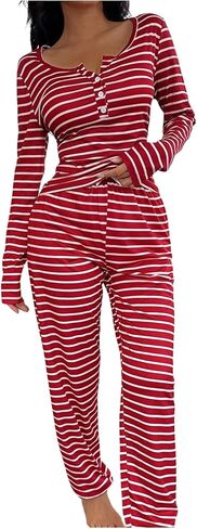 Verdusa Women's 2 Piece Striped Pajama Set Button Up Long Sleeve Fitted Tops and Pants Comfy Pjs in Saudi Arabia
