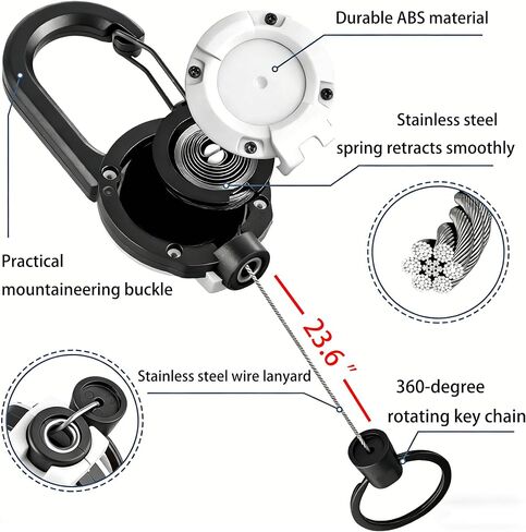 سلسلة مفاتيح قابلة للسحب 4 حزم، قابلة للسحب شديدة التحمل، حبل سلك من الفولاذ المقاوم للصدأ مقاس 23.6 بوصة، سلسلة مفاتيح حامل شارة تعريف تدور 360 درجة، لصيد الأسماك وركوب الدراجات والمشي لمسافات طويلة واللياقة البدنية in Kuwait